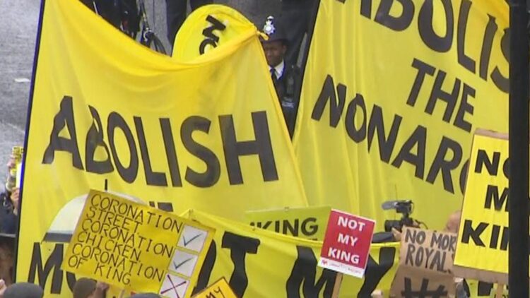 Nearly 2000  Anti Monarchist Protesters Gather In Central London Against King Charles’s Speech